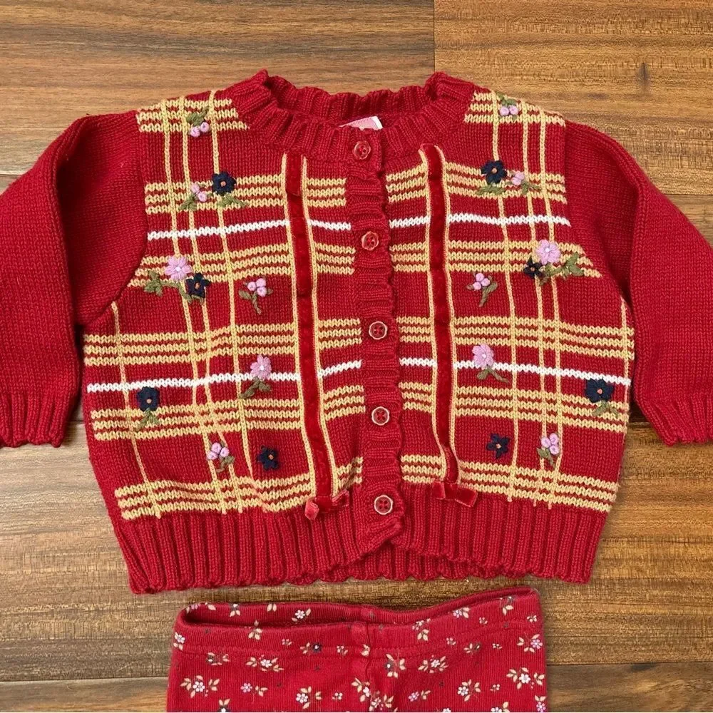 Gymboree vintage y2k 2001 red floral cardigan sweater and leggings set